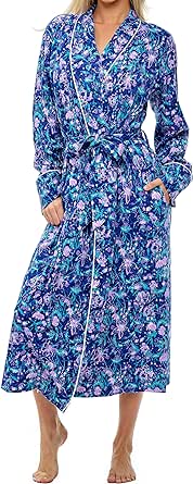 Alexander Del Rossa Womens Soft Cotton Knit Jersey Lounge Robe with Pockets, Long Bathrobe