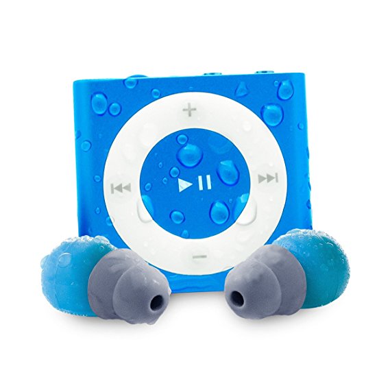 Waterfi Waterproof Apple iPod Shuffle with Short Cord Waterproof Headphones - Best Swimming MP3 Player (New Model) (Blue)