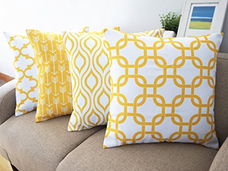 Howarmer Canvas Cotton Throw Pillows Cover for Couch Set of 4 Lemon Yellow Accent Pattern 18 X 18-inch
