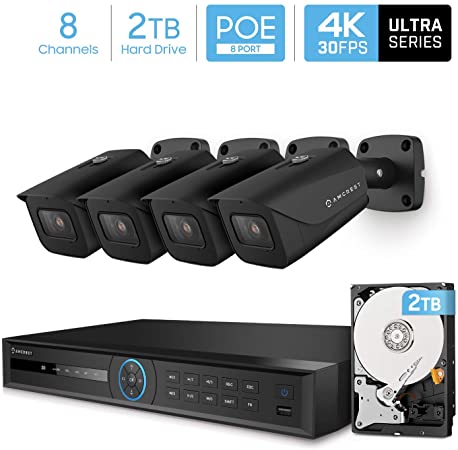 Amcrest 4K Security Camera System w/ 4K 8CH PoE NVR, 4 x 4K (8MP) IP67 Weatherproof Metal Bullet POE IP Cameras, 2.8mm Wide Angle Lens, Pre-Installed 2TB Hard Drive, NV5208E-IP8M-2597EB4-2TB (Black)