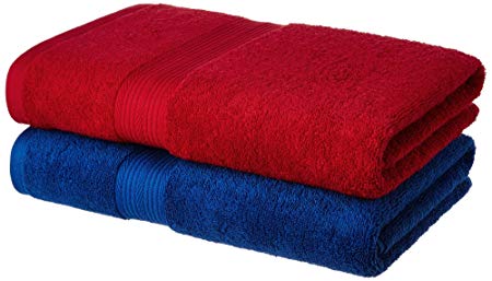 Amazon Brand - Solimo 100% Cotton 2 Piece Bath Towel Set, 500 GSM (Iris Blue and Spanish Red)