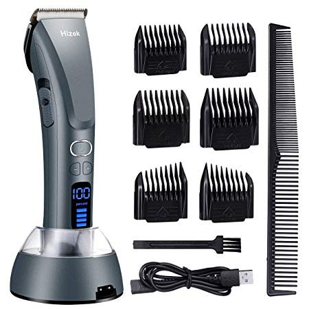 Hair Clippers for Men,Hizek Beard Trimmer Professional Haircut Kit,Cordless Hair Trimmer with 3 Adjustable Speeds,LED Display,USB Charging Stand and 6 Attachment Guide Combs,For Family Use