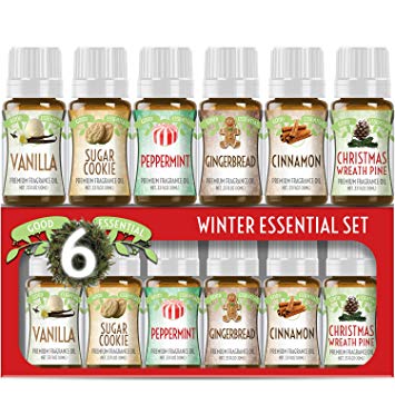 Winter Essential Oil Set of 6 Fragrance Oils - Christmas Wreath Pine, Vanilla, Peppermint, Cinnamon, Sugar Cookie, and Gingerbread by Good Essential Oils - 10ml Bottles