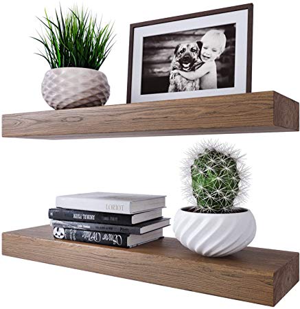 Homeforia Rustic Wood Floating Shelves Wall Mounted - 2" Thick Wooden Shelf for Bedrooms Kitchen Bathroom 24 x 6 x 2 inch - Set of 2 - Heavy Duty Bracket - Special Walnut Color