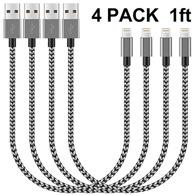 Short Lightning Cable Iphone Charging Cable 4Pack 1FT Braided iphone Charger Cable Fast Charge and Data Sync Cord for iPhone X 8 7 6S 6 Plus iPad 2 3 4 Mini, iPad Pro Air, iPod Nano Touch(Black)