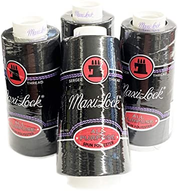 4 Large Cones (3000 Yards Each) Text 27 Polyester Sewing Quilting Serger Maxi Lock All Purpose Thread White or Black (Black)