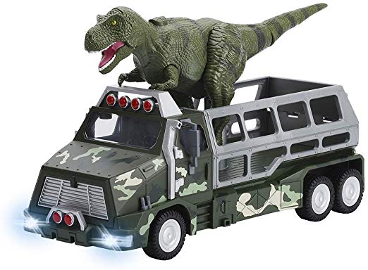 Build Me Dinosaur Toys Die-cast Transporter Jungle Truck and 9 Inch Tall Tyrannosaurs Rex Dinosaur Toy - Growls and Moves as The Dino Truck Rolls, Lights Up - Toy Dinosaur Play Set for Boys and Girls