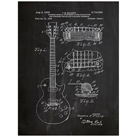 Inked and Screened Gibson Les Paul Guitar Design Patent Art Poster 18" x 24" Silk Screen Print, Chalkboard