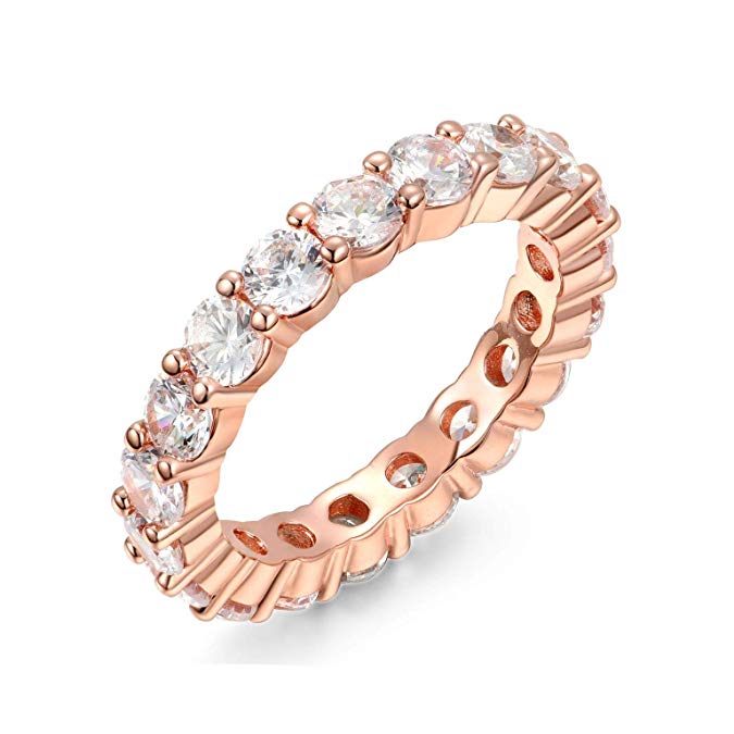 NYC Sterling 4MM Rose Gold Cubic Zirconia Round Luxury Eternity Rings, Box Included