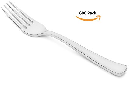 Stock Your Home 600 Forks Fancy Plastic Silverware, Looks Like Silver Bulk Plastic Cutlery, Heavy Duty Silver Plastic Forks for Weddings and Catering