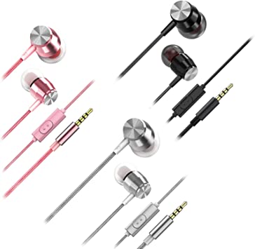 homEdge 3 Packs in-Ear Metal Jacket Earphone with Mic and Remote Control, 3.5mm Wired Metal Case Earbuds Headset Headphone for Smartphone Desktop Laptop MP3 Walkman(Black White Rose Gold)