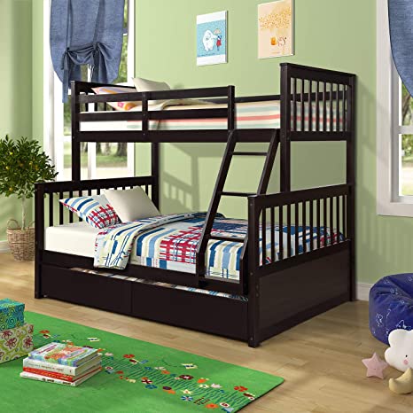 Bunk Bed, Harper&Bright Designs Solid Wood Twin Over Full Size Beds Frame with Ladder Stairs, Safety Guard Rail and Two Storage Drawers for Kids Toddlers Boys Girls Bedroom, Guest Room (Espresso)