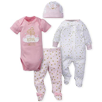 GERBER Baby Girls' 4-Piece Sleep 'N Play, Onesies, Pant and Cap