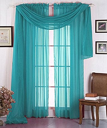 LuxuryDiscounts Beautiful Elegant Solid Turquoise Sheer Scarf Valance Topper 38" X 216" Long Window Treatment Scarves
