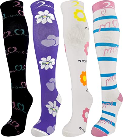 4 Pair Large/X-Large Extra Soft Premium Quality Colorful Moderate Graduated Compression Socks 15-20 mmHg. Nurses, Running, Travel, Knee-High, Mens & Womens Comfort Blend. Celebrate Mom Designs