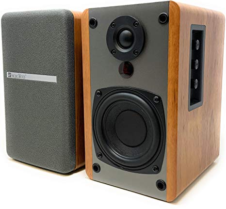 SINGING WOOD BT25 Active Bluetooth Bookshelf Speakers- Studio Monitor Speaker -2 AUX Input - Full Function Remote Control - Wooden Enclosure - 50 Watts RMS (Beech Wood)