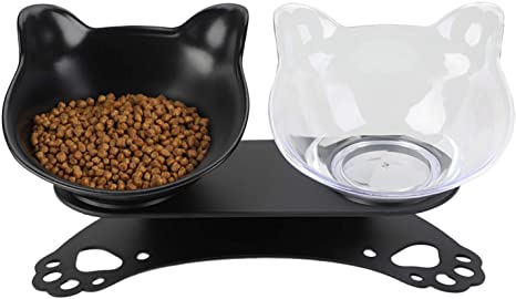 Cat Food Bowl with Raised Stand - Bangcool Double Kitten Feeding Bowls 15° Tilted Platform Elevated Feeders for Indoor Kitty Easy Cleaning Detachable