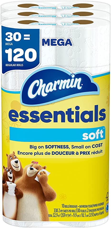 Charmin Essentials Soft Toilet Paper 30 Mega Rolls, 330 sheets per roll (Packaging May Vary)
