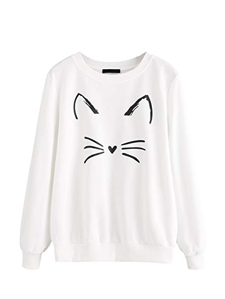 Romwe Women's Cat Print Sweatshirt Long Sleeve Loose Pullover Shirt