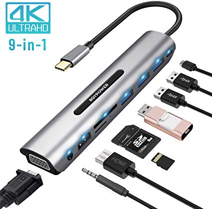 USB C Hub,BQYPOWER Type C Adapter 9 in 1 with 87w PD Type C Charging Port,4K HDMI, VGA, SD&TF Card Reader,3 USB3.0 Ports,Mic/Audio Port,Compatible for Mac Pro and Other Type C Laptops