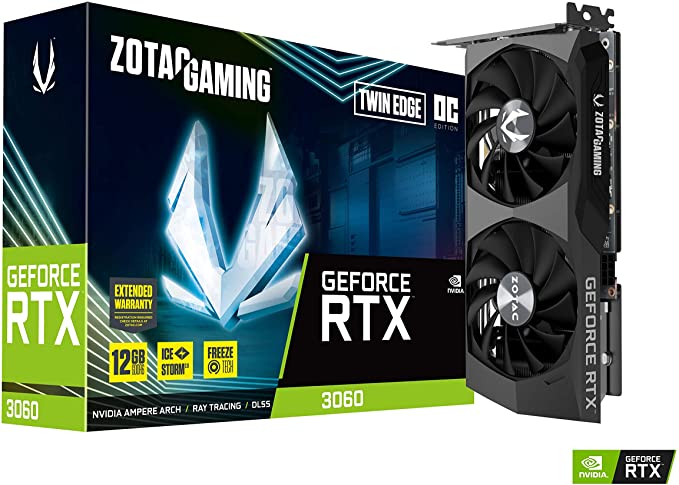 ZOTAC Gaming GeForce RTX 3060 Twin Edge OC 12GB GDDR6 192-bit 15 Gbps PCIE 4.0 Gaming Graphics Card, IceStorm 2.0 Cooling, Active Fan Control, Freeze Fan Stop ZT-A30600H-10M