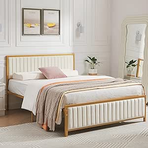 VECELO Queen Bed Frame with Upholstered Tufted Headboard & Footboard, Heavy Duty Steel Slats Platform, No Box Spring Needed, Golden