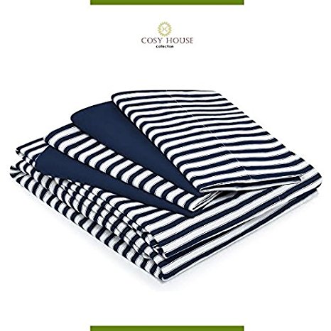 Cosy House Bamboo Bed Sheets with Stripes, Set of 6: Silky Soft, Rayon and Microfiber Blend | Wrinkle Free Sets | 1 Extra Deep Pocket Fitted Sheet, 1 Flat Sheet & 4 Pillowcases, QUEEN, Navy Blue