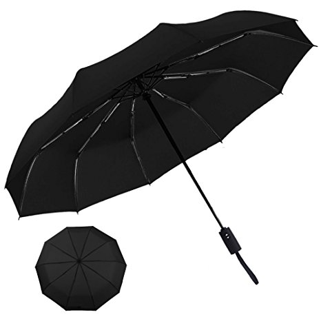 Automatic Umbrella, POOPHUNS Umbrella, Travel Umbrella, 10 Fiberglass Ribs, Auto Open Close, Waterproof Fabric, Ultra Comfort Handle(Black)