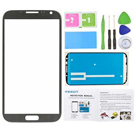 Reson® Titanium Grey Replacement Screen Glass Lens for Samsung Galaxy Note 2 Ii N7100 I317 L900 I605 T889 tools Kit dry/wet/dust Cleaning Paper adhesive Sticker Tape
