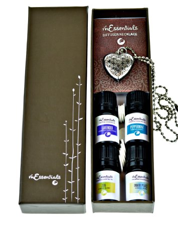 Heart Aromatherapy Essential Oil & Diffuser Necklace gift Set (Lavender Peppermint Zen Inner Peace) Ball Chain