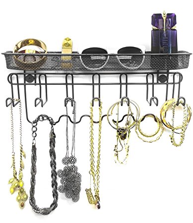 Sorbus Jewelry Organizer Holder, Mail & Key Rack, 13 Hook Wall Mounted Storage Shelf - Perfect for Jewelry, Accessories, Beauty Products, Mail, Keys, and Much More! (Black)