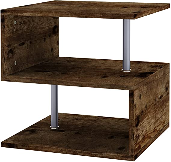 HOMCOM Mesa Lateral para Sofá Mesita de Centro para Salón Estilo Industrial Mesa Auxiliar en Forma de S con Estantes a 3 Niveles 48x48x48 cm Color Madera Envejecida