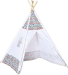 HOMCOM Tente Teepee Indien Tente de Jeu pour Enfant tipi Enfant Interieur Style Graphique - dim. 1,2L x 1,2I x 1,55H m Porte refermable fenêtre Polyester Coton Intérieur Extérieur Blanc Multicolore