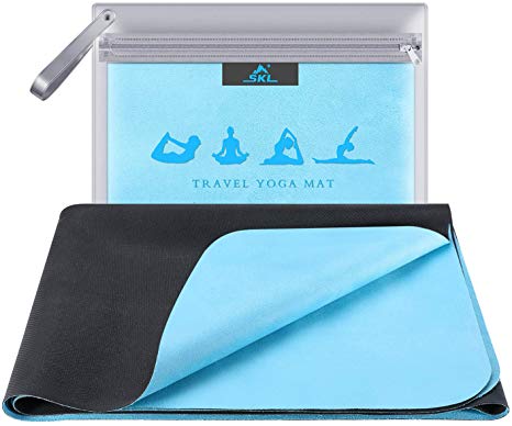 SKL Travel Yoga Mat - Foldable 1/16 Inch Thin Hot Yoga Mat Non Slip Sweat Absorbent Fitness & Exercise Mat for Yoga, Pilates, Floor Exercises, Coming with Carrying Bag