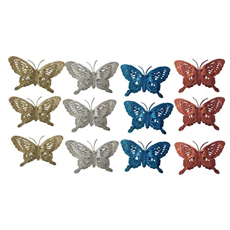 Craft Butterflies - Glitter Butterfly Clip On - Pack of 12 Butterflies - Assorted Colors of Blue Glitter, Red Glitter, Silver Glitter and Gold Glitter - Butterfly Decorations