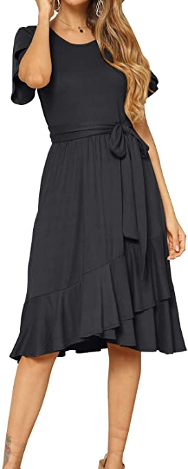 levaca Women's Plain Casual Flowy Short Sleeve Midi Dress with Belt