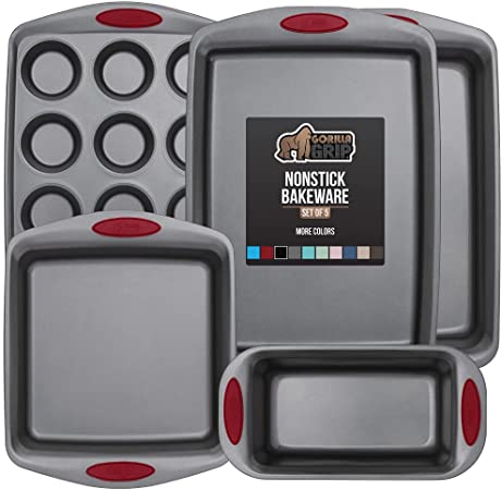 Gorilla Grip Original Kitchen Bakeware Sets, 5 Piece Baking Set with Silicone Handles, Includes 1 Large Size Cookie Sheet, 1 Roaster Pan, 1 Square Baking Pan, 1 Loaf Pan, One 12 Cup Muffin Pan, Red