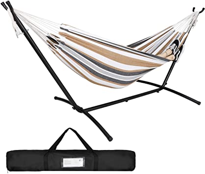 ZENY Double Hammock with Stand 2 Person Heavy Duty Steel 9ft Hammock Stand Portable Carrying Bag for Indoor Outdoor Bedroom,Desert Stripes