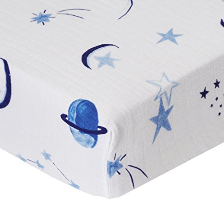 Margaux & May Crib Sheet - Fitted muslin cotton baby and toddler bedding for your nursery - Standard Full size - Single sheets - Blue Space for girls and boys - Breathable - Super soft for sound sleep