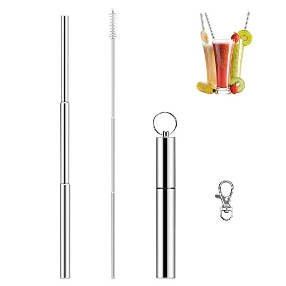 Vicloon Metal Straws, Telescopic Stainless Steel Straws, Reusable and Portable Straws Set with Cleaning Brush, Stroage Box and Keychain, Travel Drinking Straws Suitable for Home, Travel, Party