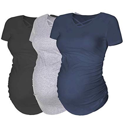 Rnxrbb Womens Short Sleeve Maternity Tops Pregnancy T-Shirt Criss Cross Cacual Ruched Side Mama Clothes 3 Pack