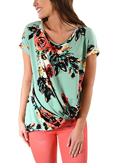 Dokotoo Womens Summer Casual Short Sleeve Floral Knot Blouse Tops and T-Shirts