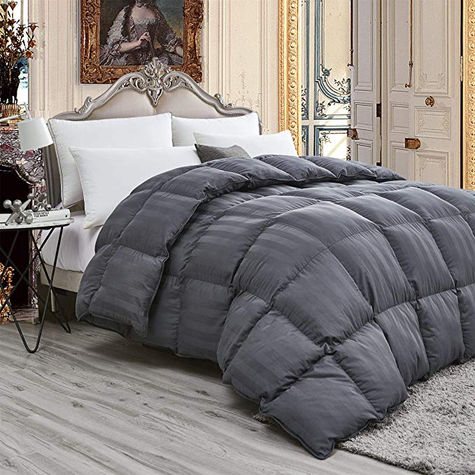 Luxurious Light Weight Goose Down Comforter King/California King Size Duvet, Exquisite Gray Stripe Design, 1200 Thread Count 100% Egyptian Cotton Fabric, 750+ Fill Power, 50 oz Fill Weight