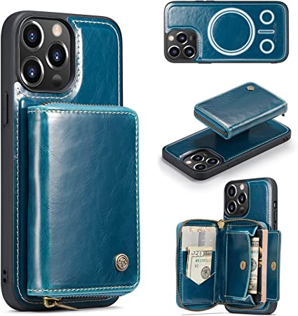 Zttopo for iPhone 13 Pro Max Wallet Case, 2 in 1 Leather Magsafe Wallet Case for Men Magsafe Wireless Charging, Zipper Detachable Magnetic Case Wallet with Screen Protector 6.7 Inch Blue