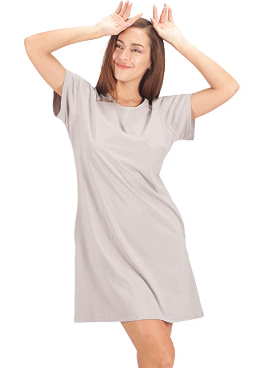 WEWINK CUKOO Women's 100% Cotton Nightshirt Short Sleeves Pockets Sleepshirt Loose Sleep Dress