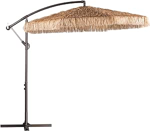 BPS 10FT Cantilever Tiki Thatch Patio Umbrella, Hand-Push Tilt Offset Umbrella for Outdoor, Poolside, Backyard, Beach - Natural Straw Look (No Base)