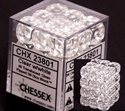 Chessex Dice d6 Sets: Clear with White Translucent - 12mm Six Sided Die (36) Block of Dice
