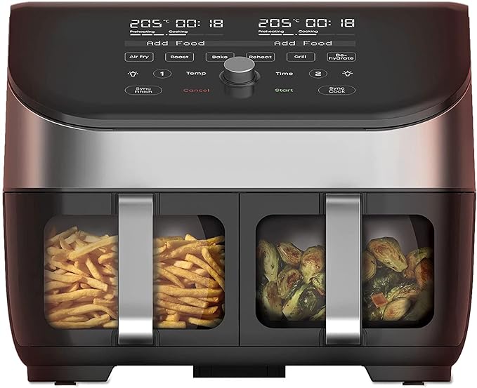 Instant Vortex Plus Doppelkorb mit ClearCook - 7.6L Digitale Heißluftfritteuse, Edelstahl, 8-in-1 Smarte Programme - Fritieren, Backen,Braten, Grillen, Dehydrieren, Aufwärmen, XL Kapazität -1700W