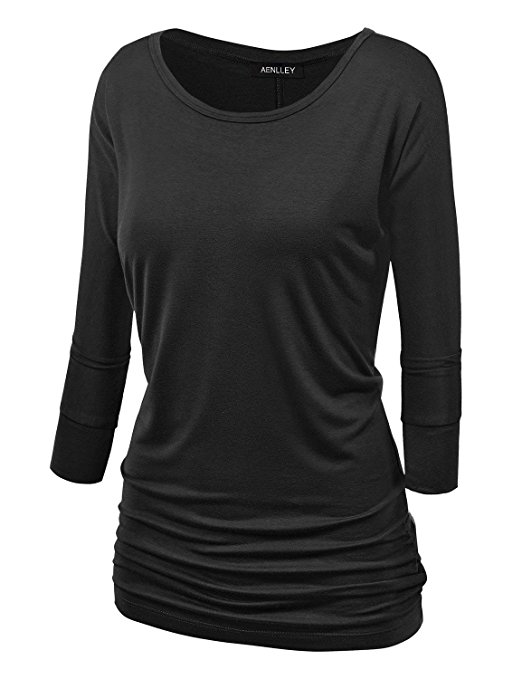 Aenlley Womens Boat Neck Dolman Top 3/4 Sleeve Solid Shirring Drape Jersey Tops