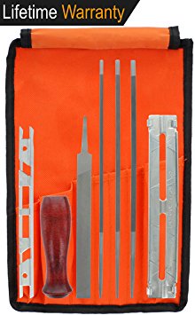 Drixet Chainsaw Sharpener & Filing Kit – Includes: 5/32", 3/16" & 7/32 Inch Round Files, Flat File, Depth Gauge, Filing Guide, Handle, Tool Pouch, Combo 8-Piece Pack with Sharpening Instructions